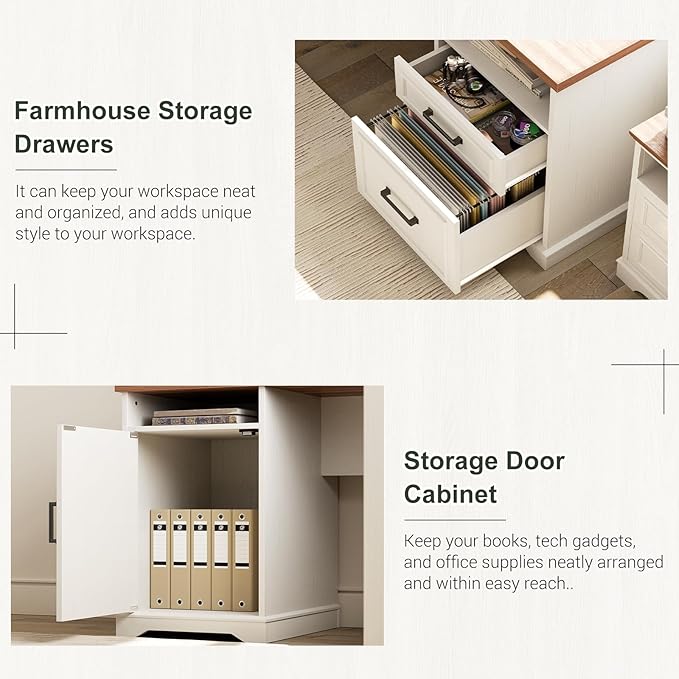 Unikito Farmhouse L Shaped Executive Desk with File Drawers, 60" Corner Computer Desk with Power Outlets, Large 2 Person Home Office Table with Storage Cabinet, Sturdy Writing Desk, White and Brown