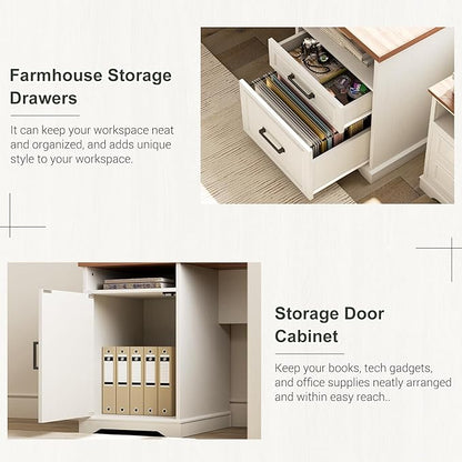Unikito Farmhouse L Shaped Executive Desk with File Drawers, 60" Corner Computer Desk with Power Outlets, Large 2 Person Home Office Table with Storage Cabinet, Sturdy Writing Desk, White and Brown