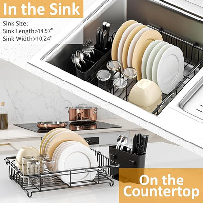 Expandable in Sink Dish Drying Rack,Small Dish Rack Over Sink with Utensil Holder,Stainless Steel Dish Drainers for Kitchen Counter,Sink Drying Rack for Small Space,14.57“-20.87”L x 10.24“W x 2.76”D