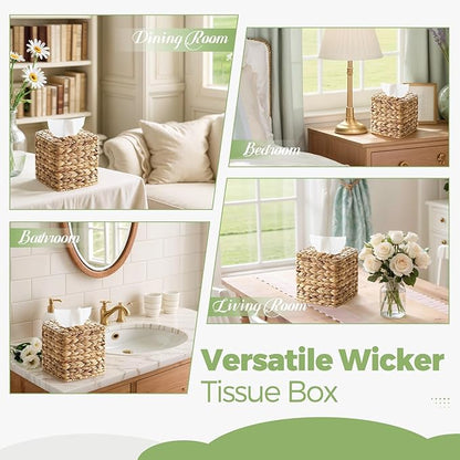 2 Pack Rattan Tissue Box Cover Square, Wicker Tissue Box Holder Facial Tissues Boxes, Hand Woven Square Tissue Box Cover Tissue Holder for Bathroom, Natural