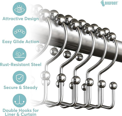 BigFoot Shower Curtain Hooks, Stainless Steel, Rust Resistant, Easy Installation & Smooth Glide, Fits Standard Shower Rods, 2 Hook Rings Hold Liners & Curtains, 12 Pieces, Nickel Color