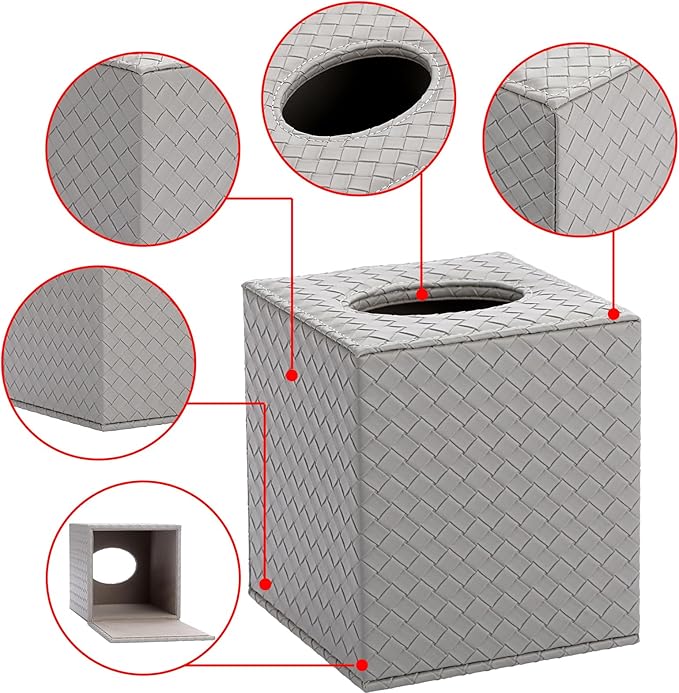 Sumnacon Tissue Box Cover Square Tissue Box Stylish PU Woven Lozenge Pattern Tissue Box Holder with Magnetic Bottom,Cube Leather Tissue Cover for Living Room Bathroom Table Desk Home Office Car,Grey