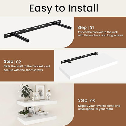 White Floating Shelves 24 Inch Long, 9.3 Inch Deep Floating Shelves for Wall, Rustic Solid Wood Shelves, Deep Wall Shelves for Living Room, Bedroom, Kitchen, 24"W x 9.3"D x 1.6"H, Set of 2