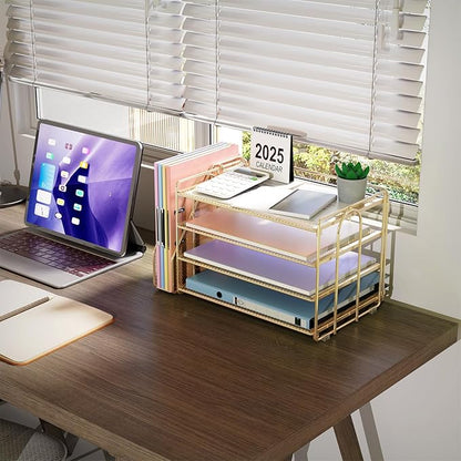 gianotter 4-Tier Paper Organizer With Magazine Holder, Desk Organizers and Accessories, Desk Accessories & Workspace Organizers, File Organizer for Office Supplies Storag (Gold, 4-Tier)