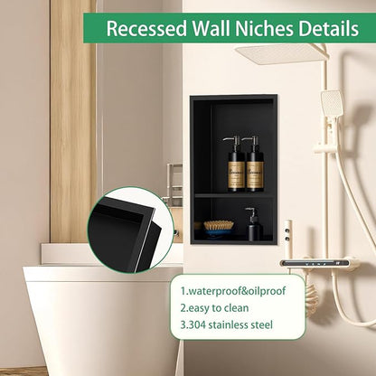 SaniteModar Shower Niche, Stainless Steel Niche for Shower Wall,18"x 12" No Tile Needed,Recessed for Bathroom Storage (Black, 18" x 12" Double)