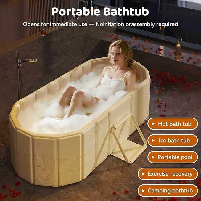 Portable Foldable Bathtub, Freestanding Bathtub No Installation, Bathroom SPA Soaking Bath Tub, Shower Stall Collapsible Hot & Ice Bath for Indoor Outdoor (Beige, ‎47.2"L x 21.6"W x 19.6"H)