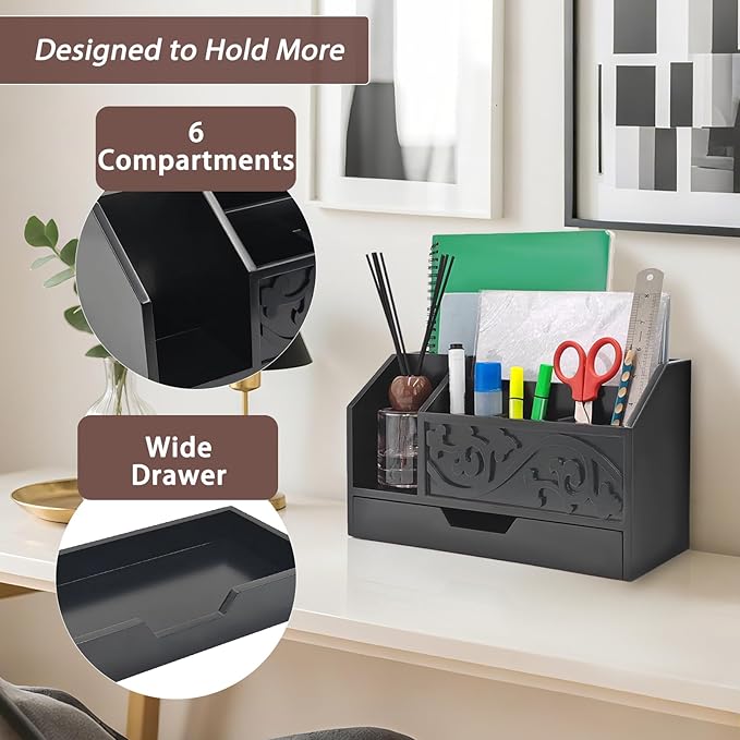 Black Wooden Mail Organizer with Drawer, Three Tiered Desk Accessories for Office Organization and Storage, Stylish Countertop Document Storage, Home/Office/Classroom Supplies (Black02)