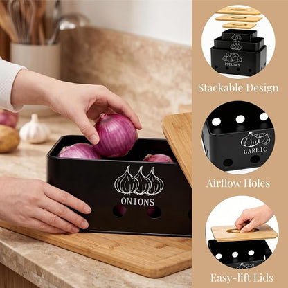 3 Pack Potato Onion Garlic Storage Set, Metal Vegetable Storage Bins with Aerating Holes Bamboo Lids, Large Capacity Kitchen Canister Black Food Container for Countertop, Pantry