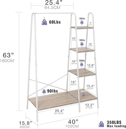 Finnhomy Metal Clothes Closet Rack, Clothing Rack for Hanging Clothes White Heavy Duty Garment Rack with 5 Wood Shelves Freestanding Portable Closet Organizer for Bedroom/Entryway/Boutiques