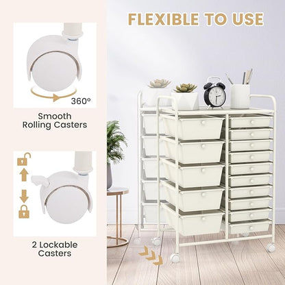 LDAILY 15 Drawer Rolling Storage Cart, Rolling Cart with Drawers for Classroom, Art Supply Craft Organizer on Wheel with Metal Frame & Handles for Home Office School