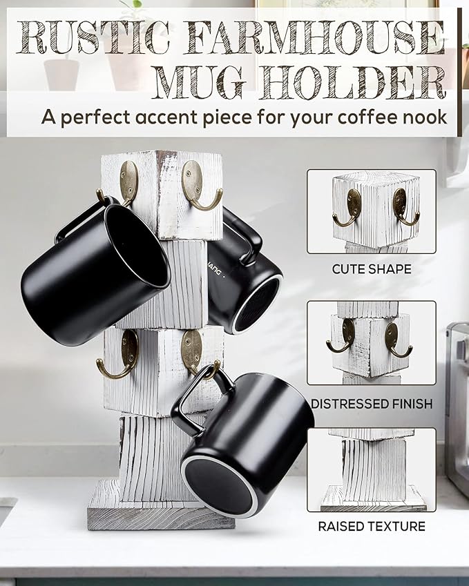 PUERSI Coffee Mug Holder for Counter, Rustic Solid Wood Mug Tree, Farmhouse Wooden Coffee Cup Rack with 8 Hooks (Farmhouse White)
