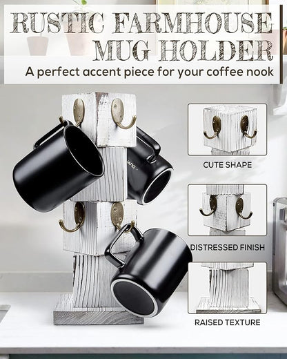 PUERSI Coffee Mug Holder for Counter, Rustic Solid Wood Mug Tree, Farmhouse Wooden Coffee Cup Rack with 8 Hooks (Farmhouse White)