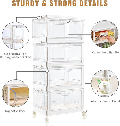Freebat Collapsible Plastic Storage Bins with Wheels, Clear Stackable Storage Bins with Lid, Stackable Storage Bins with Open Door, Folding Storage Bins Organizer for Closet, Bedroom, Living Room
