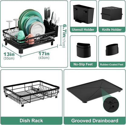 MOUKABAL Dish Drying Rack, Dish Rack, Stainless Steel Dish Racks for Kitchen Counter, Dish Drainer with Removable Utensil Holder, Drainboard (Black,13''W x 17''L)