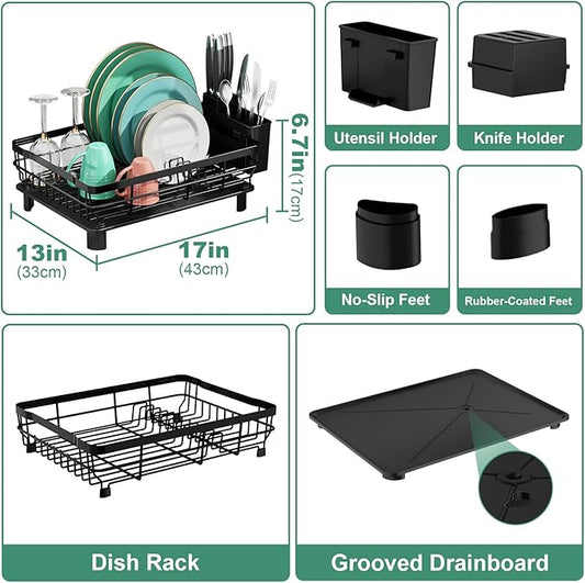 MOUKABAL Dish Drying Rack, Dish Rack, Stainless Steel Dish Racks for Kitchen Counter, Dish Drainer with Removable Utensil Holder, Drainboard (Black,13''W x 17''L)