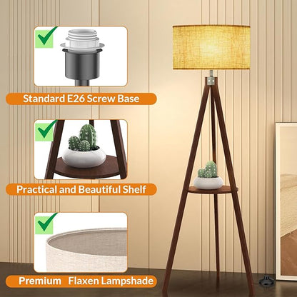 LEPOWER Tripod Floor Lamp, Mid Century Wood Standing Lamp, Modern Design Shelf Floor Lamp for Living Room, Bedroom, Office, Flaxen Linen Shade with E26 Lamp Base Walnut
