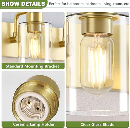 Gold Bathroom Light Fixtures,Gold Vanity Light Wall Sconces,4-Light Bathroom Lights Over Mirror with Clear Glass Shade for Kitchen Living Room Bedroom