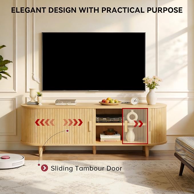 65" Mid Century Modern TV Stand with Power Outlet, Fluted Entertainment Center with Storage and Adjustable Shelves, Wood TV Console with Sliding Doors for Living Room, Oak