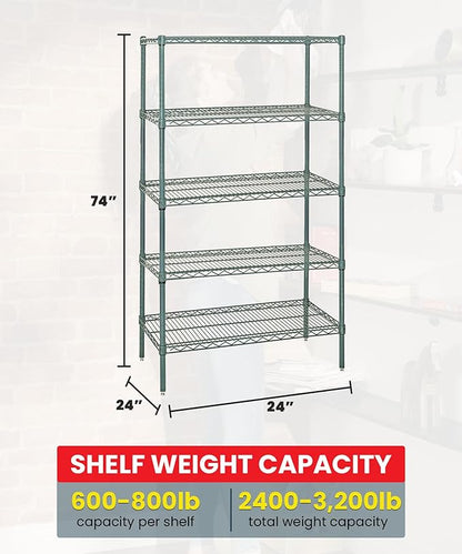 Quantum Storage Systems WR74-2424P-5 Wire Shelving Starter Kit, 24" W x 24" D x 74" H, 600 lbs Capacity, Carbon Steel, Epoxy Coated, Green, NSF