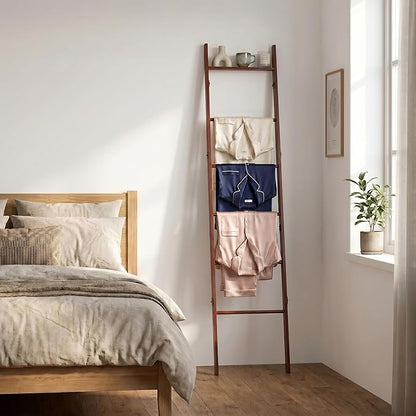 6 Tier Brown Blanket Ladder with Shelf, Wooden Blanket Rack for Living Room, Leaning Towel Ladder Rack for Bedroom, Bathroom, Quilts, Throws, Towels and Farmhouse Décor