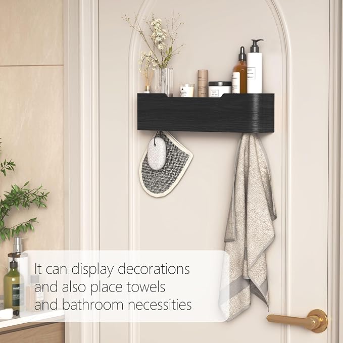 Coat Rack Wall Mount with Shelf 4 Hidden Hooks Modern Wooden Key Holder Entryway Organizer for Hallway Bedroom Bathroom Home Decor Storage for Hanging Coats Hats Bags Towels, Black