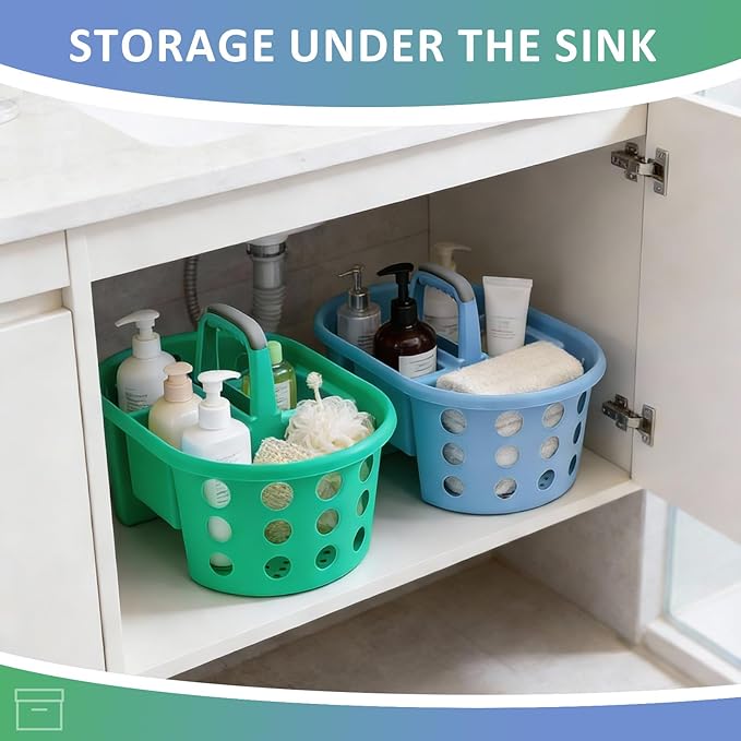 Large Shower Caddy Portable 2PC - Made in USA Plastic Jumbo Size Dorm Storage Candy Tote with Handle Shower Organizer for Bathroom, Pantry, Kitchen, College Dorm, Green/Periwinkle