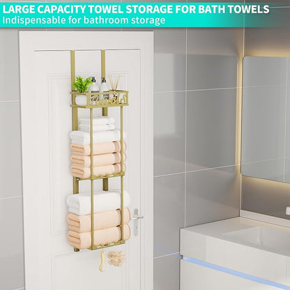 HapiRm Towel Rack Bathroom Storage - 3 Tier Over The Door & Wall Mounted Rolled Towel Racks Holder Organizer with Metal Shelf and 6 Hooks for Small Bathroom, Camper, Rv - Gold