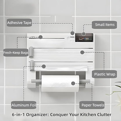6-in-1 Wall Mounted Plastic Wrap&Foil Dispenser with Cutter–PP Kitchen Organizer w/Paper Towel, Tape, Bag&Small Tray, No Drill/Screw Mount White-Aluminum Foil Rack Organizer&Organizer Foil Cling Wrap