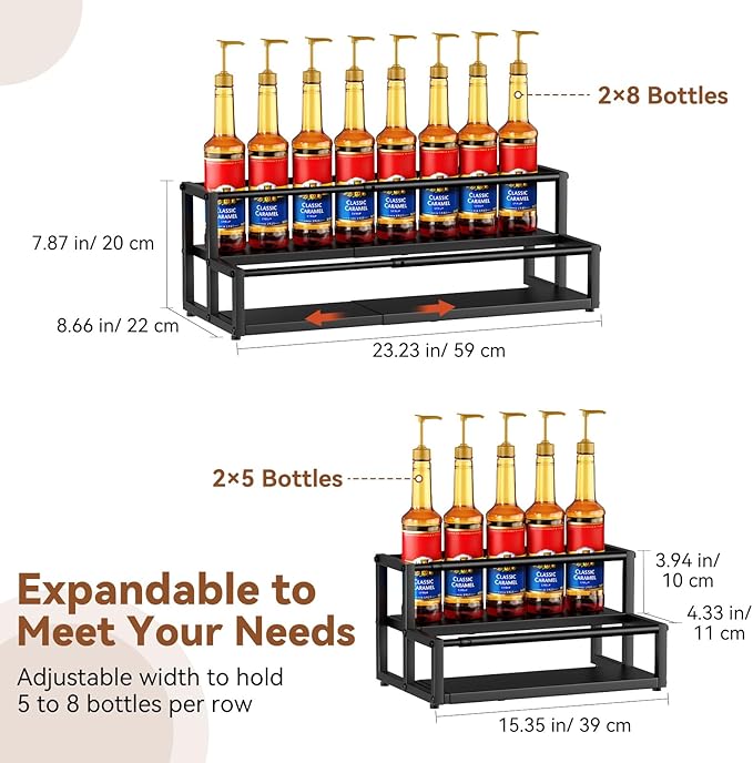 Nuovoware Expandable Coffee Syrup Organizer, 2-Tier Syrup Rack Holds 10-16 Bottles, Adjustable Width Carbon Steel Coffee Bar Organizer for Countertop Kitchen Bar, Liquor Dressing Seasoning, Black