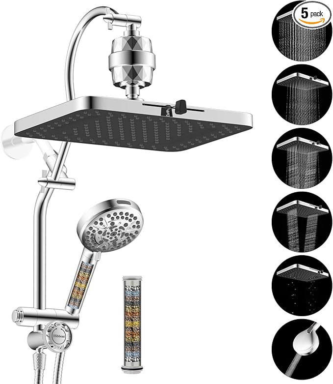 Hibbent 5-spray Dual Filtered Rainfall Shower Head Combo, High Pressure 13'' Showerhead with 10 Spray Mode Handheld, Easy Reach 4-way Diverter Shower Arm with Pause Mode, 71'' Hose and Holder, Chrome