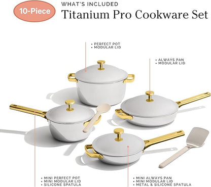 Our Place Titanium Pro Cookware Set | 10-Piece Pots and Pans Set with Always Pan Pro, Perfect Pot Pro & Minis | Non-Toxic No-Coating Nonstick | Induction & Oven-Safe up to 750°F | Gold