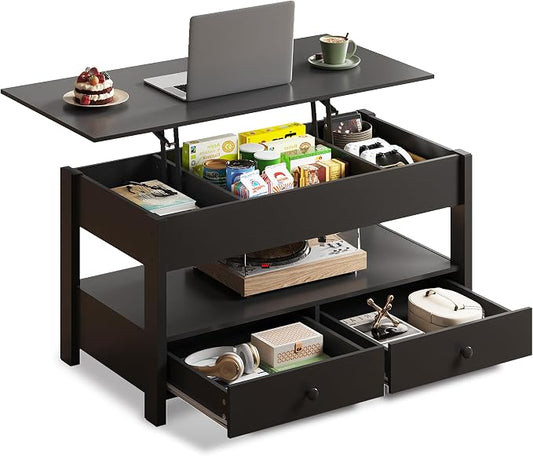 WLIVE Coffee Table, Lift Top Coffee Table with 2 Drawers, Large Hidden Compartment and Open Storage Shelf, Lift Tabletop, Dining Table for Living Room, Black