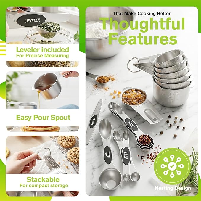 ChefAide Measuring Cups and Spoons Set, 304 Stainless Steel Measuring Cups Set of 7,8 Magnetic Stainless Steel Measuring Spoons & 1 Leveler for for Measure Dry and Liquid Ingredients