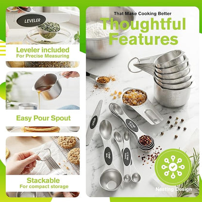 ChefAide Measuring Cups and Spoons Set, 304 Stainless Steel Measuring Cups Set of 7,8 Magnetic Stainless Steel Measuring Spoons & 1 Leveler for for Measure Dry and Liquid Ingredients