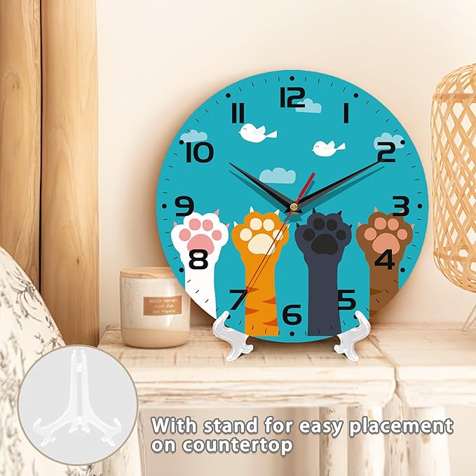 Cute Cat Paw Wall Clock - Vintage Wooden, Silent Non-Ticking, Battery Operated, Arabic Numerals - Decorative for Kitchen, Office, Classroom - 10 Inch