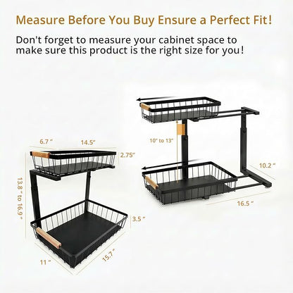 Under Sink Organizer 2 Pack, 2 Tier Pull Out Cabinet Organizers and Storage for Kitchen Bathroom Pantry Laundry, Adjustable Height, Slide Out Thickened Metal Storage Shelf (Black, 2 Pack)