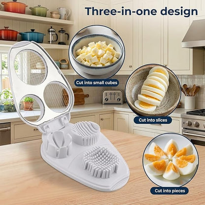 3-in-1 Egg Slicer for Hard Boiled Eggs, Hard Boiled Egg Slicer Dicer Chunker Stainless Steel, Kitchen Gadget for Salad, Strawberry, Mushroom and Grape, Heavy Duty & Dishwasher Safe (White)