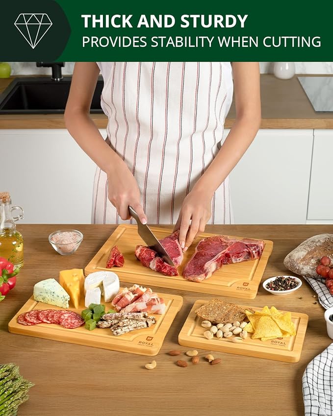 ROYAL CRAFT WOOD Wooden Cutting Boards for Kitchen Meal Prep & Serving - Bamboo Wood Serving Board Set with Deep Juice Groove Side Handles - Charcuterie & Chopping Butcher Block for Meat