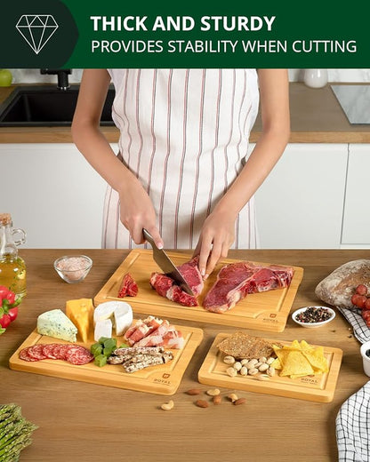 ROYAL CRAFT WOOD Wooden Cutting Boards for Kitchen Meal Prep & Serving - Bamboo Wood Serving Board Set with Deep Juice Groove Side Handles - Charcuterie & Chopping Butcher Block for Meat