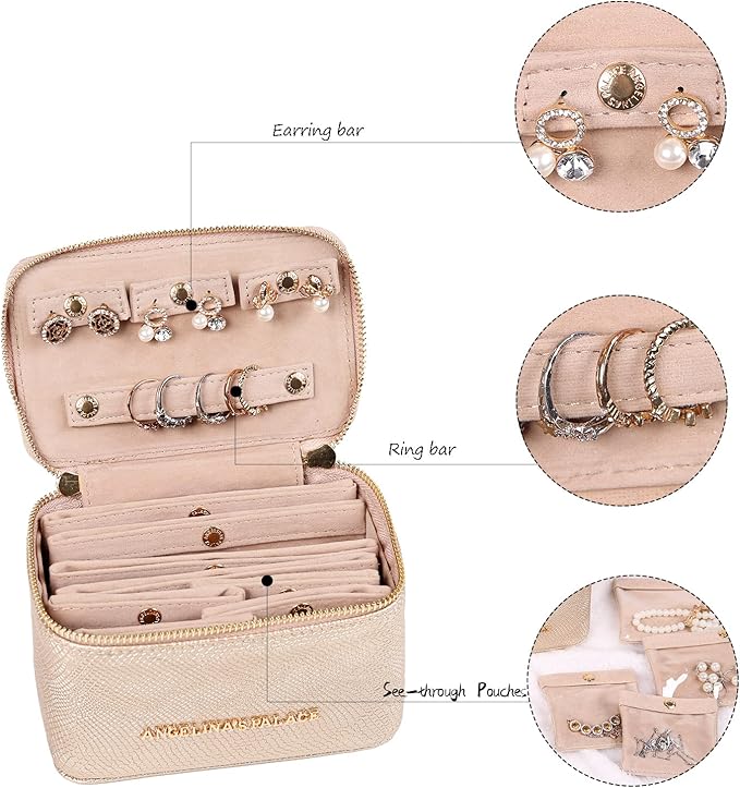 Angelina's Palace Snakeskin Pattern Jewelry Organizer Case Bridesmaid Gifts Travel Bag Vegan Leather Box for Necklace Earring Bracelet Ring(Champagne)