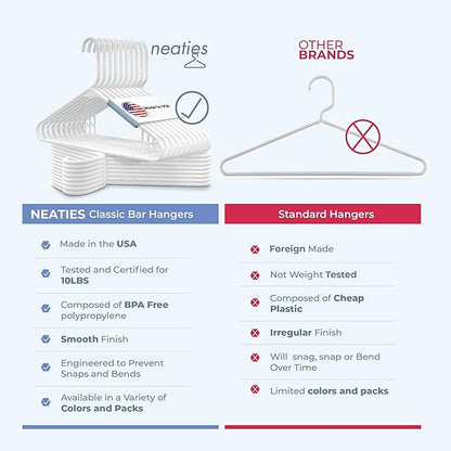 Neaties Plastic Hangers 50 Pack (60 Count) – Made in The USA – 6lb Capacity Standard Clothes Hangers with Strap Hooks for Dresses, Lingerie, Shirts, Pants, and Jackets – Gray