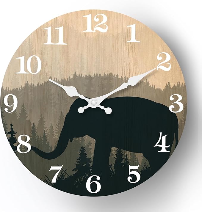 XFM 10 inch Elephant Wall Clock Silent Non-Ticking Clocks Forest Wildlife Wall Clocks Battery Operated Rustic Farmhouse Clock for Home Decor Living Room Kitchen Office