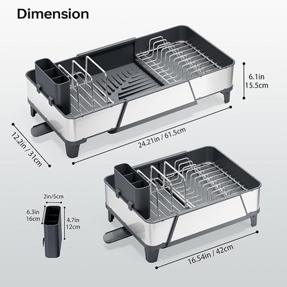 Urackify Large Dish Drying Rack - Triple Expandable Dish Rack for Kitchen Counter, Stainless Steel Sink Organization and Storage Essentials with Utensil & Pans Holder for Home and Appartment, Gray