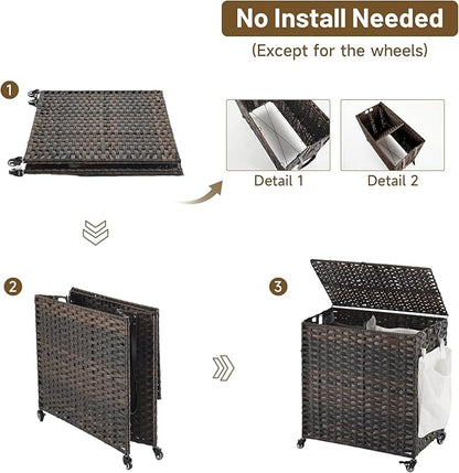 Laundry Hamper with Wheels, 39.6 Gallon(150L) Rolling Laundry Basket with Lid, Removable Large 2 Color Liners & 3 Mesh Laundry Bags, Clothes Hamper with Side Pocket, Brown