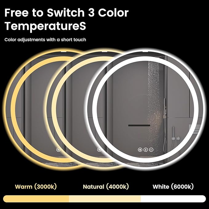 Round LED Bathroom Mirror with Lights, Backlit & Front Lighted, Wall-Mounted Vanity Mirror 3000K/4000K/6000K, Memory Functions, Anti-Fog, Dimmable Smart Mirror (Round 30" x 30")