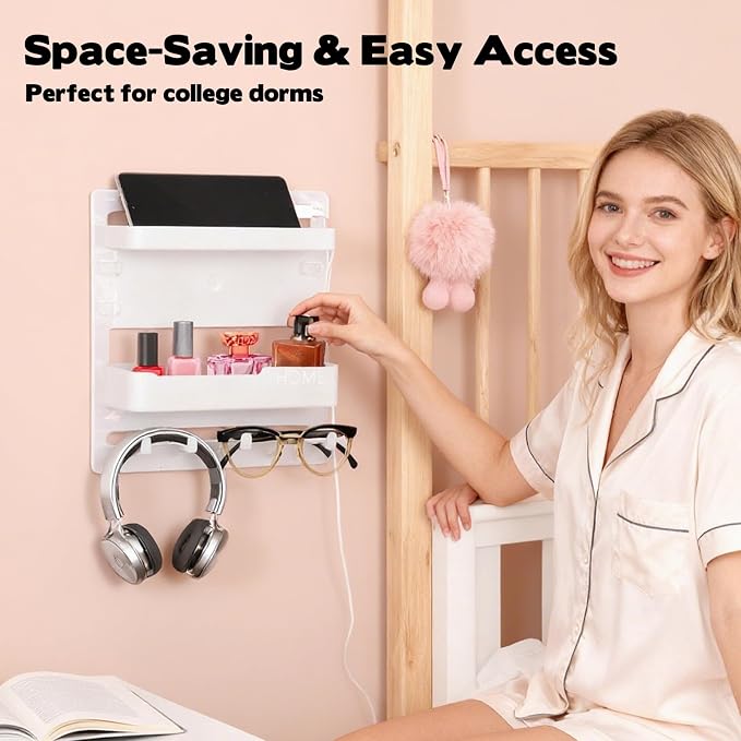 Sturdy Bedside Organizer Shelf for Dorm, Adhesive Bedside Wall Storage with Cable Clips, Space-Saving Floating Shelf for College Preppy Teen Adult Room Bedroom College Back to School Essentials
