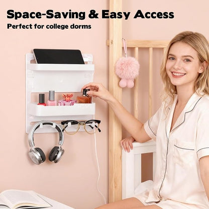 Sturdy Bedside Organizer Shelf for Dorm, Adhesive Bedside Wall Storage with Cable Clips, Space-Saving Floating Shelf for College Preppy Teen Adult Room Bedroom College Back to School Essentials