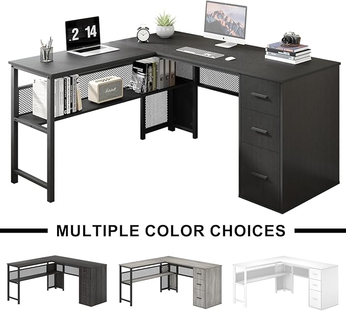LVB Black L Shaped Desk, Reversible Computer Office Desk with Drawers, Modern Large L Shape Gaming Desk Table with File Cabinets, Wood Executive Corner Desk with Storage Shelf for Bedroom, 59 Inch