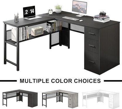 LVB Black L Shaped Desk, Reversible Computer Office Desk with Drawers, Modern Large L Shape Gaming Desk Table with File Cabinets, Wood Executive Corner Desk with Storage Shelf for Bedroom, 59 Inch