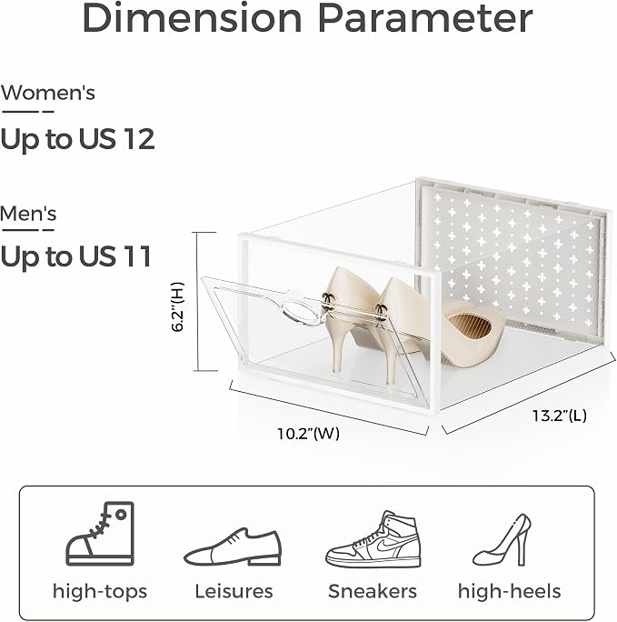 Pinkpum 12 Pcs XLarge Shoe & Sneaker Storage Organizer Box Clear Plastic Stackable Closet White